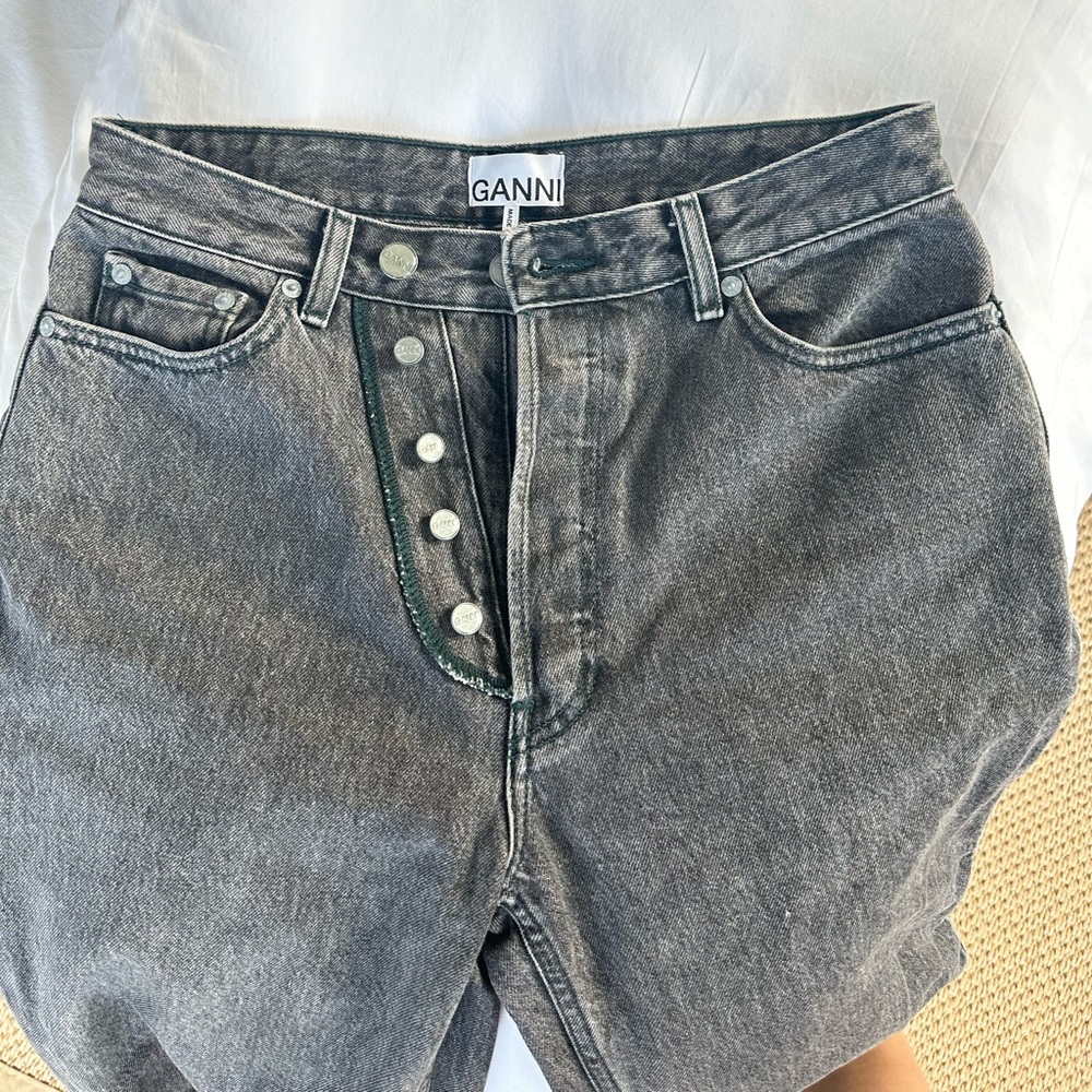 GANNI Figni Jeans - Washed Black with Dark Green stitching
